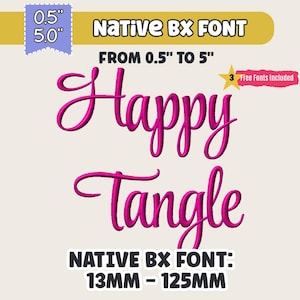 May include: A graphic featuring the words "Happy Tangle" in a vibrant pink script font. The text is set against a cream background, with additional text indicating font sizes from 0.5" to 5" and 13mm to 125mm.