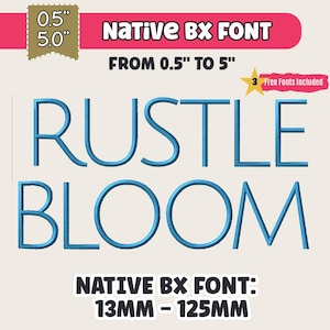 以下が含まれることがあります： 青色の「Rustle Bloom」フォントを表示するグラフィック。テキスト「Native BX Font」と0.5インチから5インチのサイズ範囲。 「3つの無料フォントが含まれています」。フォントサイズは13mm〜125mmとも表示されています。