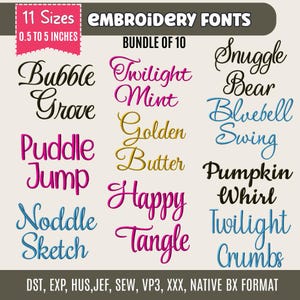 Può includere: Un'immagine che mostra un pacchetto di 10 font per ricamo in vari stili. I font variano da 1,27 cm a 12,7 cm di dimensione. I colori dei font includono rosa, oro e blu. Il testo "11 Taglie" e "Font per ricamo" è incluso.