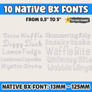 以下が含まれることがあります： 10種類のNative BXフォントを紹介する画像。フォントのサイズは13mmから125mmで、3つの無料フォントが含まれています。「Cocoa Waffle」や「Dizzy Duck」などのフォント名が表示されています。「10 Native BX FONTS」と「FROM 0.5" TO 5"」のテキストも表示されています。