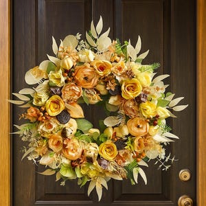 Golden Pumpkin Bloom Wreath, Warm Autumn Door Decoration, Rustic Fall Farmhouse Accent, Thanksgiving Entryway Decor