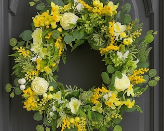 Large Yellow Spring Wreath – 55 cm Mimosa Green Floral Front Door Wreath