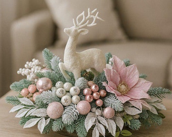Centro de mesa con renos - Decoración navideña en rosa y plata