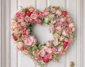 Pink Floral Heart Wreath, Front Door and Wedding Decor, Romantic Valentine Gift for Her