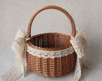 Rustic Wicker Petal Basket, Ivory Lace Flower Girl Basket