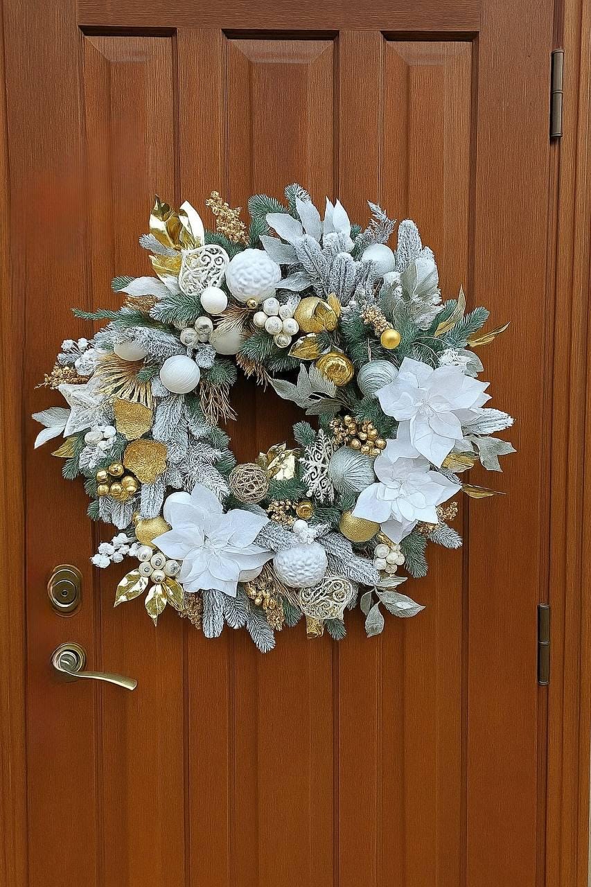 大型ホワイトゴールドクリスマスリース - 80 cm特大ドア装飾 - Etsy 日本