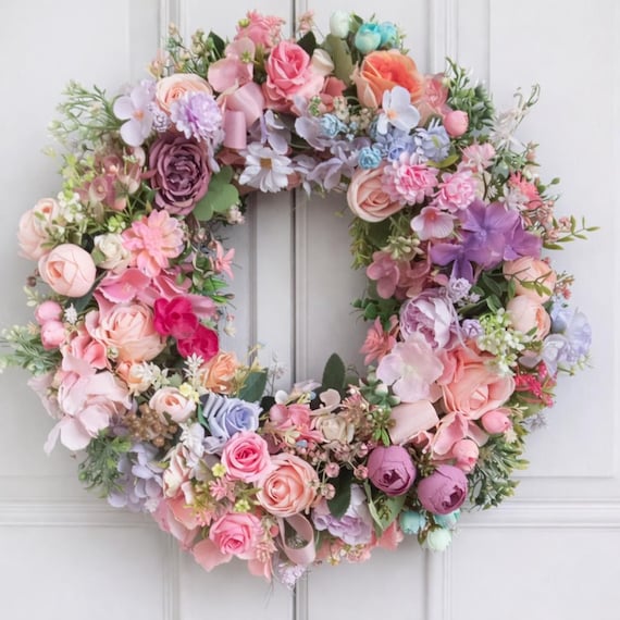 Large Pastel Spring Wreath for Front Door – 20 Inch Handmade Floral Decor