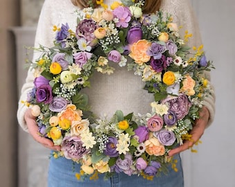Spring Front Door Wreath, Large Handmade Floral Farmhouse Wreath 20 Inch