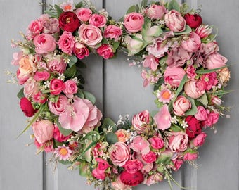 Spring Heart Wreath for Front Door, Pink Floral Farmhouse Decor 20 Inch