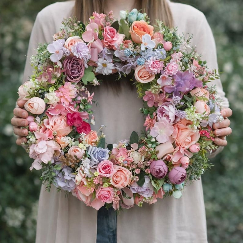 Handmade floral wreath with soft pastel colors