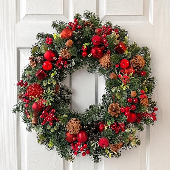 Christmas Front Door Wreath – Red Berry Pinecone Holiday Decor - Etsy