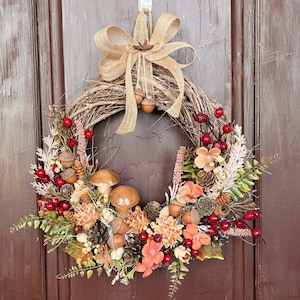 Fall wreath front door, Thanksgiving wreath with pumpkins & berries, Autumn farmhouse door decor, Rustic harvest wreath, 4 styles available