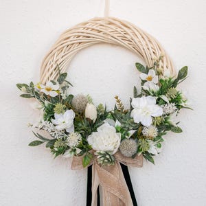 Summer Wreath with White Flowers, Neutral Front Door Wreath, Whimsical Rattan Wreath with Ribbon, Rustic Floral Home Decor