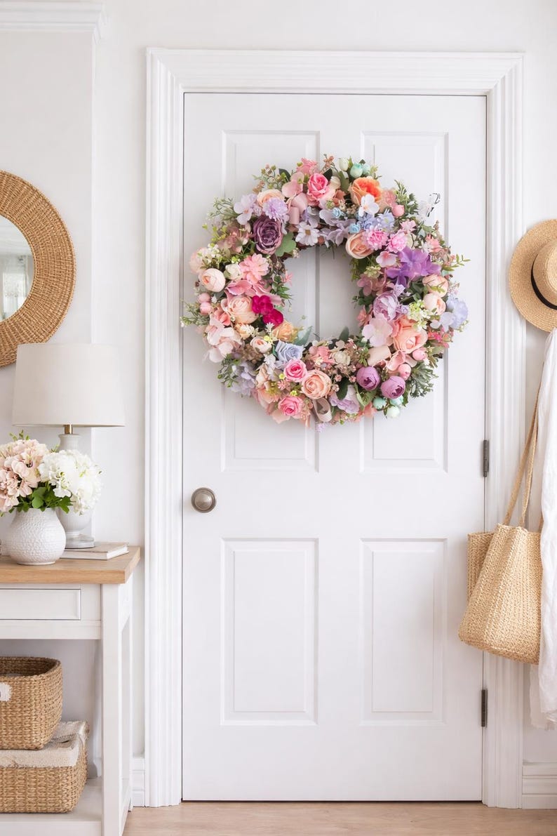 Front door decorated with large spring floral wreath