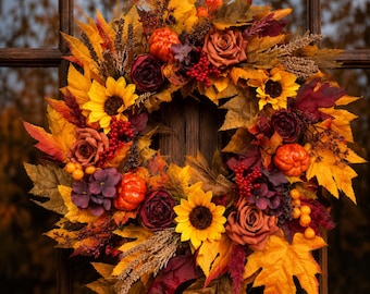 20 Inch Fall Sunflower Pumpkin Wreath, Autumn Harvest Front Door Decor