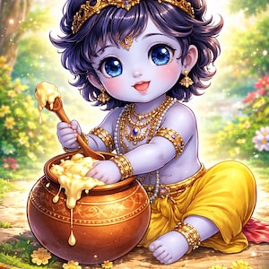 May include: A digital illustration of a child with blue skin, wearing gold jewelry and a yellow outfit, holding a wooden spoon over a brown pot filled with butter. A peacock feather adorns the child's dark hair.