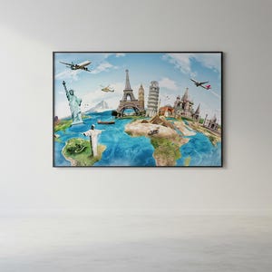 World Map Famous Monuments Landmarks Large Poster| Movie Canvas| Wall Art| Poster Unframed| Cover Poster| Canvas Print| Canvas Poster