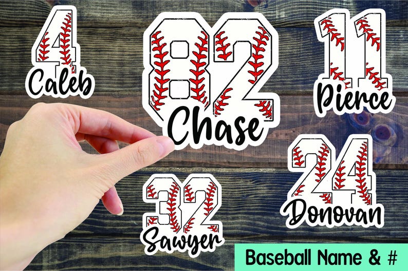 May include: Baseball-themed stickers with player names and numbers. Each sticker features a baseball design with red stitching and a white background. Names include Caleb, Chase, Pierce, Donovan, and Sawyer. The text "Baseball Name & #" is at the bottom.