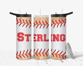 May include: Three baseball-themed tumblers with black lids and straws. The design features a baseball pattern with red stitching and the name "STERLING" in red block letters. The tumblers have a light wood grain pattern.