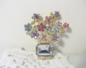 Gold Multicolor Rhinestones Floral Pin Free US Ship /