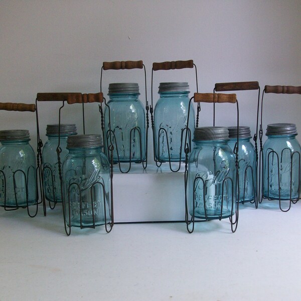 8 Old Blue Jars Wire Holders Peacock Wedding Centerpiece Canning Zinc & Porcelain Lids