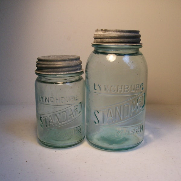 2 Lynchburg Old Green Blue Jar Zinc Lid Quart 1 Pint Wedding Rustic Country Farmhouse USA