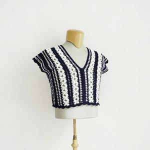NAUTICAL CROP | Crochet Nautical Navy Blue & White Stripe Crop Top, Summer Top, Lace Crochet