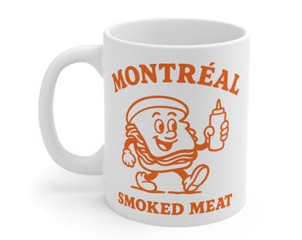 Montreal Smoked Meat Mug — Retro Cartoon Ceramic Cup, Quebec Deli Gift, Canada Souvenir, Schwartz's Fan