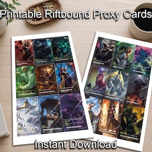 May include: Two sheets of printable Riftbound proxy cards with colorful fantasy art. The cards are arranged in rows and columns. The words "Printable Riftbound Proxy Cards" and "Instant Download" are visible.