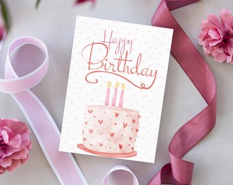 Happy Birthday pastelkleurenkaart: roze cake met hartjesillustratie (digitale png-, pdf-download)