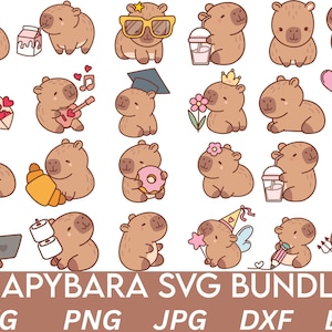 Lindo paquete SVG de carpincho / Ilustración de animal kawaii / Lindo carpincho PNG / Descarga digital instantánea para Cricut y Silhouette / Pegatina digital