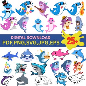 Schattige babyhaai SVG-bundel | Cartoon haai-clipart | Oceaandier PNG JPG | Digitale download voor kinderen, verjaardag, feest, knutselen