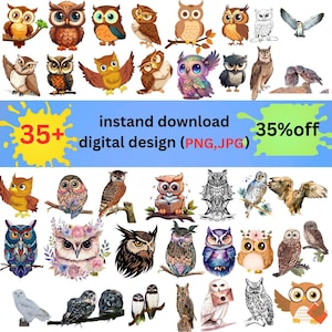 Más de 35 imágenes prediseñadas de búhos lindos y realistas (PNG/JPG) / Descarga digital instantánea / Búhos con dibujos de acuarela / Diseño para sublimación y manualidades