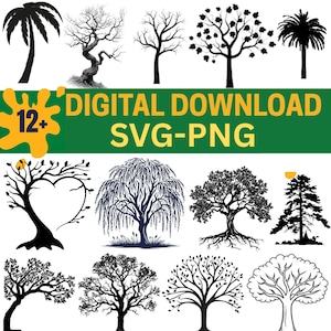 Tree Silhouette SVG Bundle | 12+ Nature Forest Tree Designs PNG Cut Files for Cricut & Sublimation | Digital Tree Clipart for Crafts