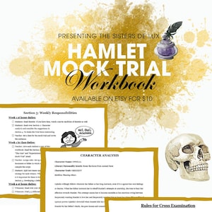 Può includere: Un quaderno di lavoro intitolato "Hamlet Mock Trial" con un'illustrazione di teschio e un grafico di calamaio. Il quaderno di lavoro include sezioni su responsabilità settimanali, analisi dei personaggi e regole per il controinterrogatorio. Il testo sul quaderno di lavoro recita "For Classical Conversations Challenge 3 & Homeschool Students!"