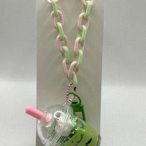 Matcha Milkshake Keychain: Kawaii Green Drink Charm, Pastel Pink Chain