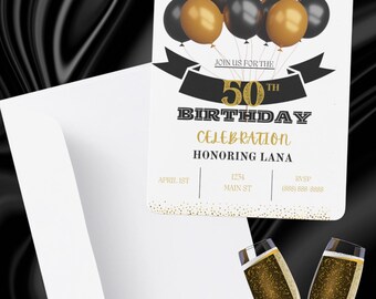 May include: A white 50th birthday invitation card with black and gold balloons, a black banner, and text reading Join Us For The 50th Birthday Celebration Honoring Lana, April 1st, 1234 Main St, and RSVP (888) 888-8888, next to a white envelope.