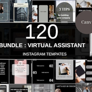 120 Canva Template, Bundle für virtuelle Assistenten, Schwarz-Weiß Instagram Kit, Testimonials