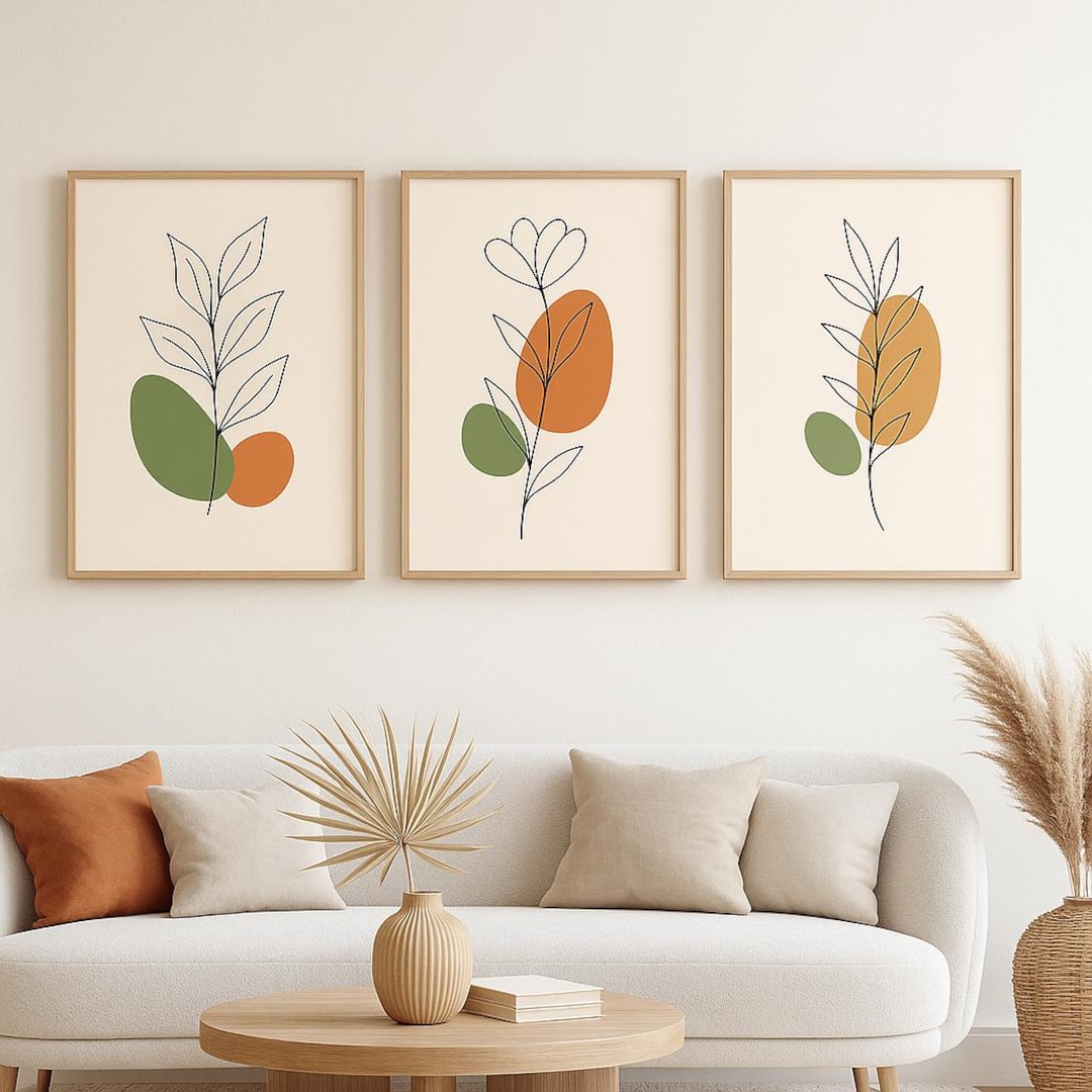 Boho Botanical Line Art Prints Set of 3 | Minimalist Abstract Plant ...