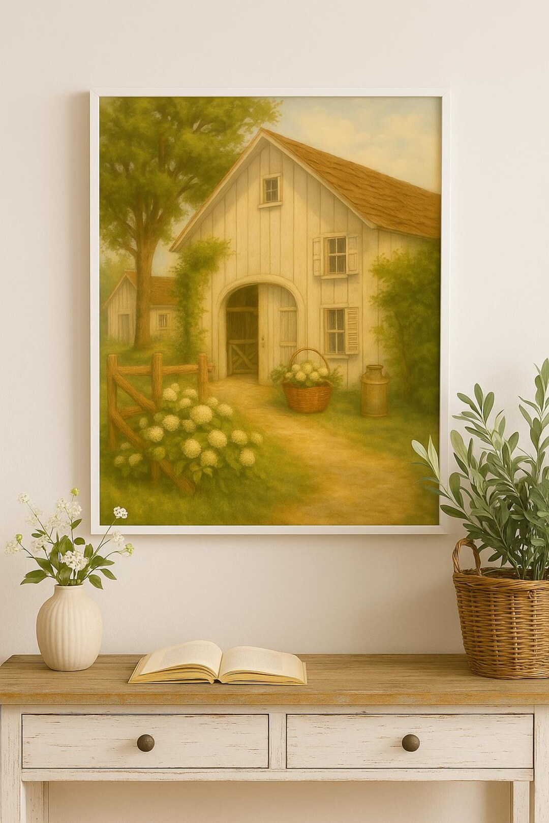 Rustic Farmhouse Wall Art Print – Countryside Barn With Flowers ...