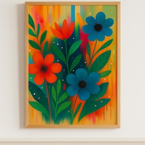 Colorful Abstract Floral Wall Art Print – Vibrant Botanical Flowers Painting – Modern Boho Printable Art – Digital Download for Home Décor