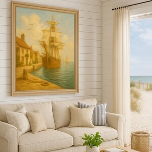 Vintage Nautical Ship Wall Art | Coastal Harbor Sailing Print | Maritime Ocean Décor | Rustic Seaside Painting | Digital Download