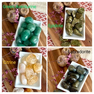 May include: A collage of four images showcasing different types of polished gemstones. The top left features green aventurine, the top right epidote, the bottom left citrine, and the bottom right labradorite. Each is displayed in a white dish.