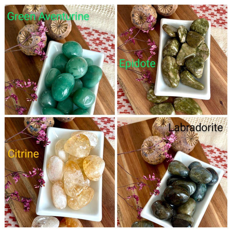 May include: A collage of four images showcasing different types of polished gemstones. The top left features green aventurine, the top right epidote, the bottom left citrine, and the bottom right labradorite. Each is displayed in a white dish.