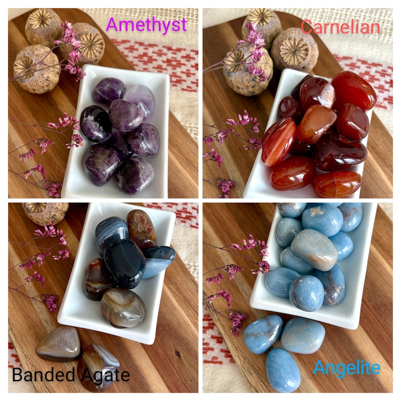 May include: Four square images showcasing different types of polished gemstones. The top left displays Amethyst, the top right Carnelian, the bottom left Banded Agate, and the bottom right Angelite. Each type is in a white dish on a wooden board, with dried flowers.