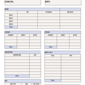 May include: A printable monthly budget planner for servers. The planner includes sections for income, expenses, subscriptions, monthly bills, debt, and savings. The title "monthly budget" is written in cursive, and the text "FOR SERVERS" is in a banner.