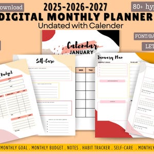 Peut inclure: Planificateur mensuel numérique pour 2025-2027, non daté avec calendrier. Comprend des pages pour le budget mensuel, les soins personnels, le suivi des habitudes et les notes. Avec 80+ hyperliens et format lettre. Téléchargement PDF instantané.