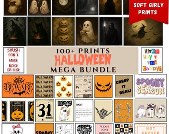 May include: A collection of Halloween-themed prints featuring ghosts, pumpkins, and witches. The prints include text such as "Beware", "Creep it Real", and "Spooky Season". The bundle includes over 100 prints with a mix of dark and soft girly designs.