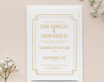 May include: A wedding invitation with gold text and a decorative border. The invitation includes the names Iona Townsley and Saxon Hoseley, the date Saturday 7th July 2026, and the location, Caledonian Club, London.
