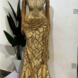 Carton prom corset beaded dress,African traditional bridal lace dress,custom bride outfit,African wedding dress,Nigeria wedding gown,Asoebi